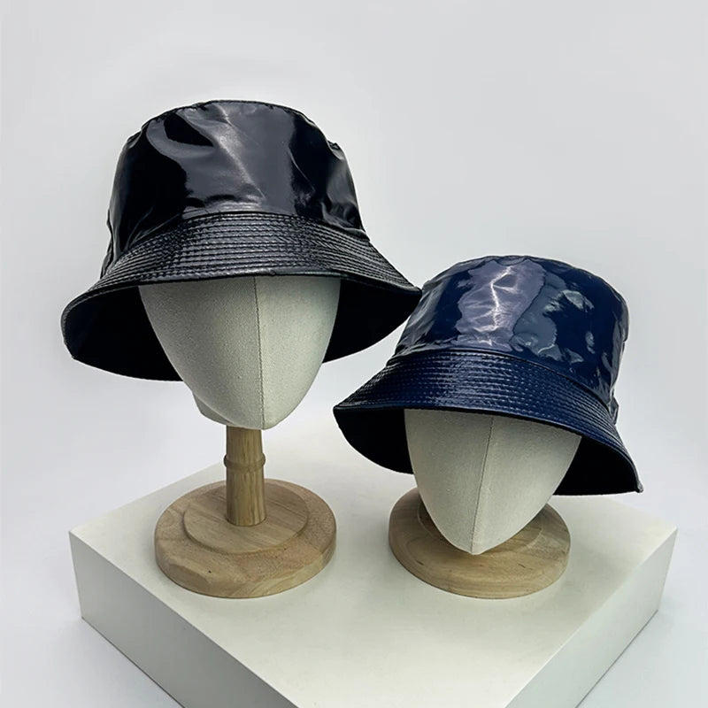 New Unisex Patent Leather Simple Bucket Hats Sunshade Outdoor Breathable Double Sided Fisherman Caps Personal Versatile Fashion