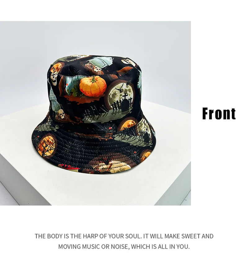 New Unisex Print Halloween Elements Skull Bucket Hats funny Sunshade Fashion Double Sided Wearable Fisherman Caps Versatile ins