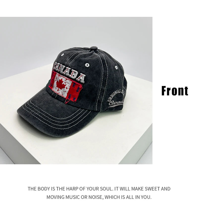 New Unisex Canadian Flag Letter Embroidery Baseball Hats Breathable Retro Sunshade Distress Peaked Caps Versatile Fashion Casual