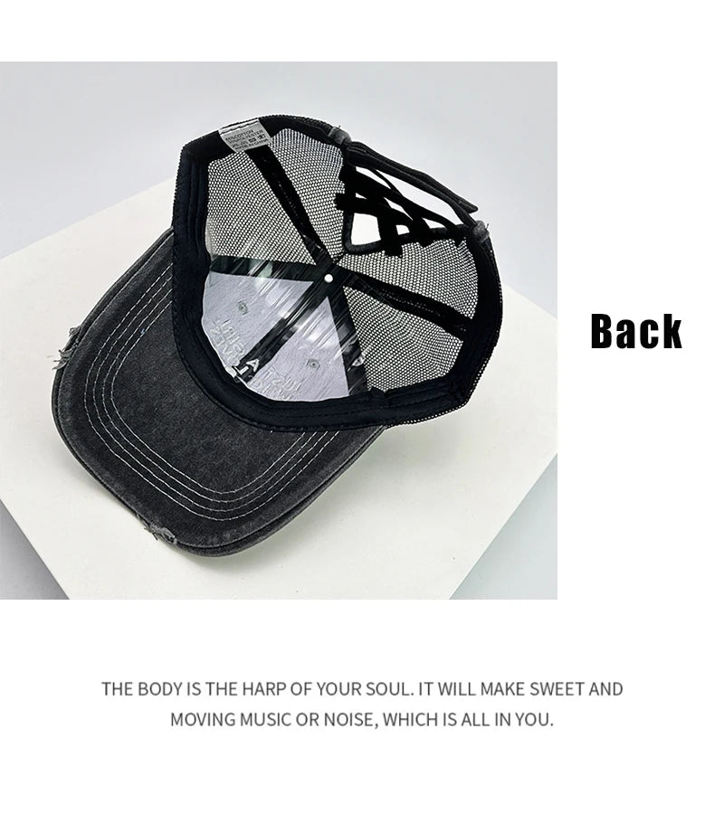 New Women American Vintage Letter Embroidery Baseball Hats Criss Cross Ponytail Breathable Sunshade Broken Trucker cap Versatile