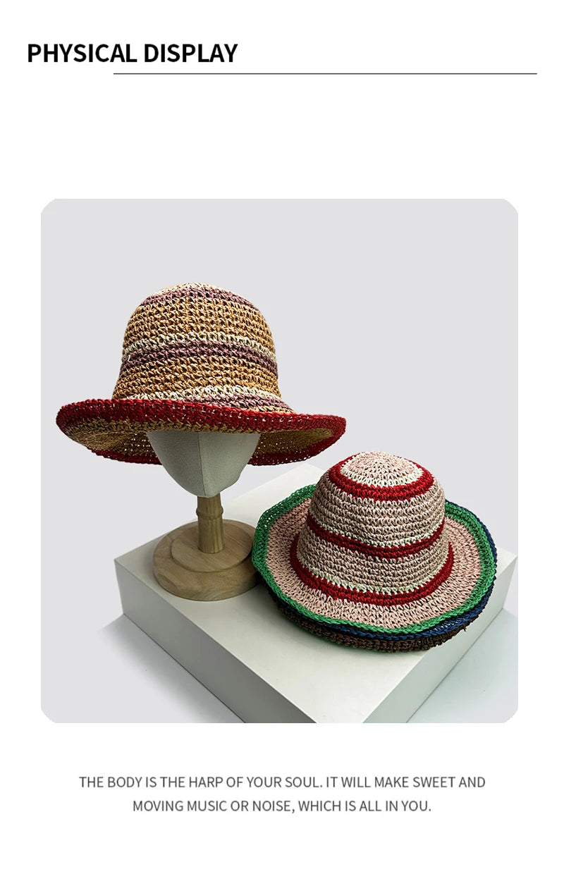 New Women Color Block Striped Bucket Hats Beach Sunshade Outdoor Breathable Casual Versatile Straw Caps Fashion Sweet Travel ins