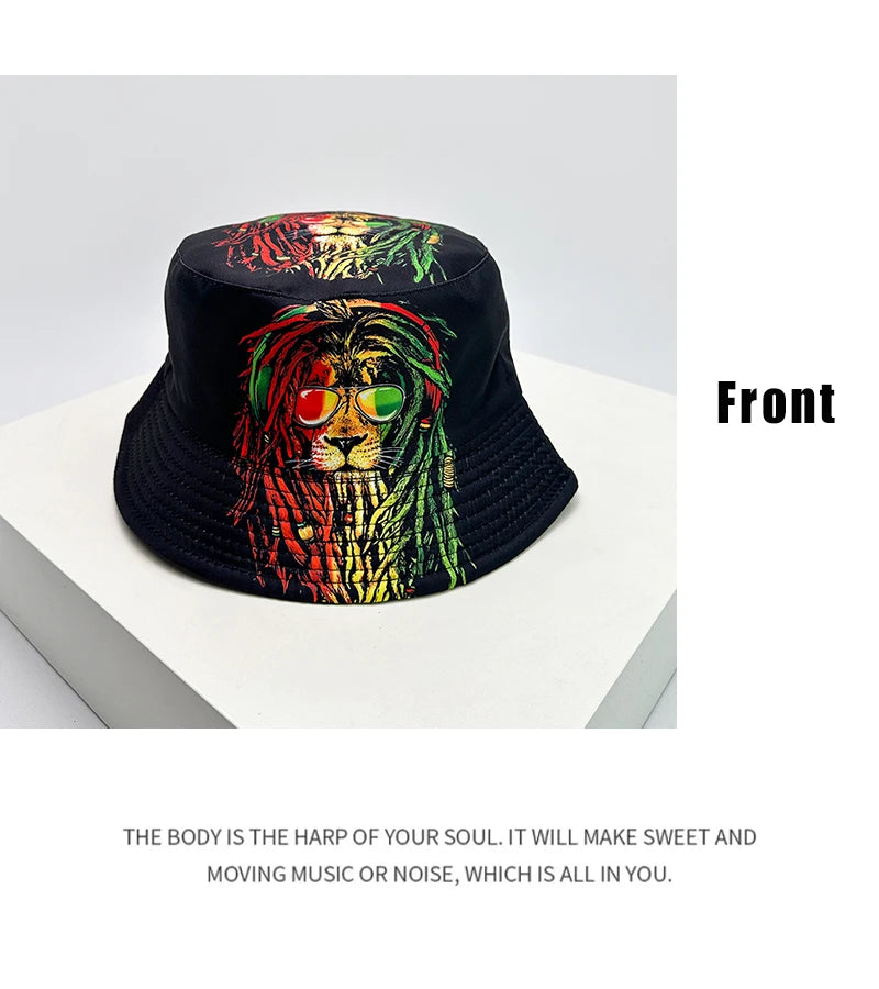 New Unisex Print Lion Graffiti Bucket Hats Sunshade Personal Versatile Double Sided Wearable Fisherman Caps Fashion Hip-Hop ins