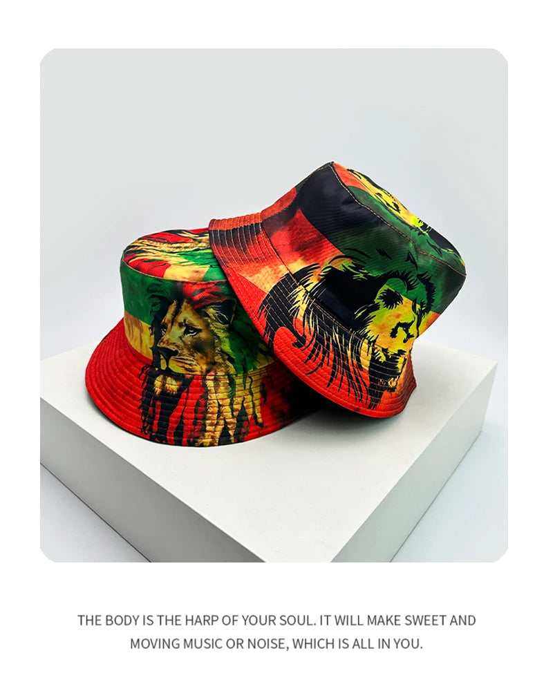 New Unisex Print Lion Graffiti Bucket Hats Sunshade Personal Versatile Double Sided Wearable Fisherman Caps Fashion Hip-Hop ins