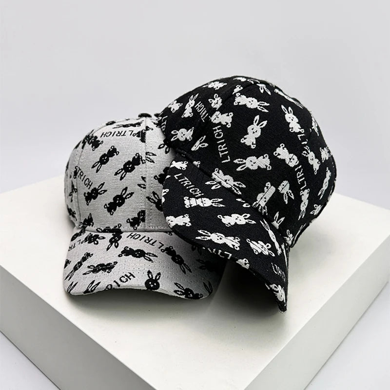 New Unisex Cute Rabbit Print Letter Baseball Hats Breathable British Retro Sunshade Outdoor Peaked Caps Versatile Fashion Casual