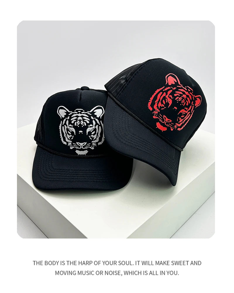 New Fashion Men Women Printed Letter Tiger Baseball Caps Breathable Sunshade Versatile Half Mesh Hats Hip Hop Cartoon Trend ins