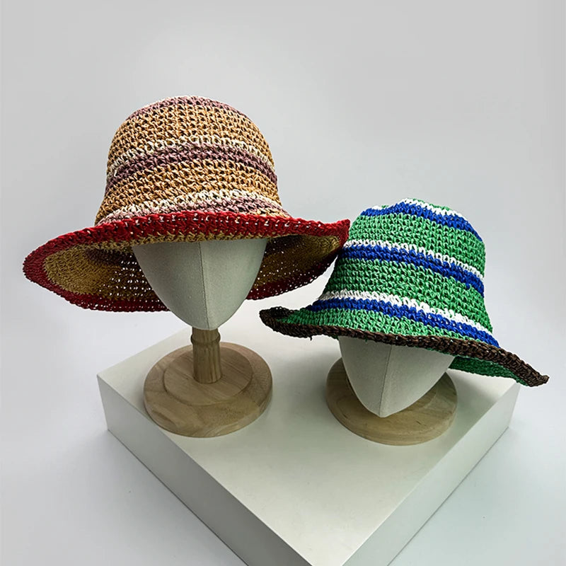 New Women Color Block Striped Bucket Hats Beach Sunshade Outdoor Breathable Casual Versatile Straw Caps Fashion Sweet Travel ins