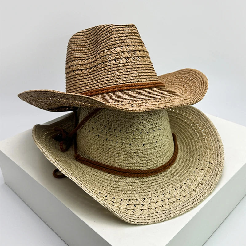 New Unisex Jazz Gradient Beach Cowboy Hats Windproof Rope Outdoor Climb Sunshade Travel Foldable Straw Caps Versatile Bandhnu