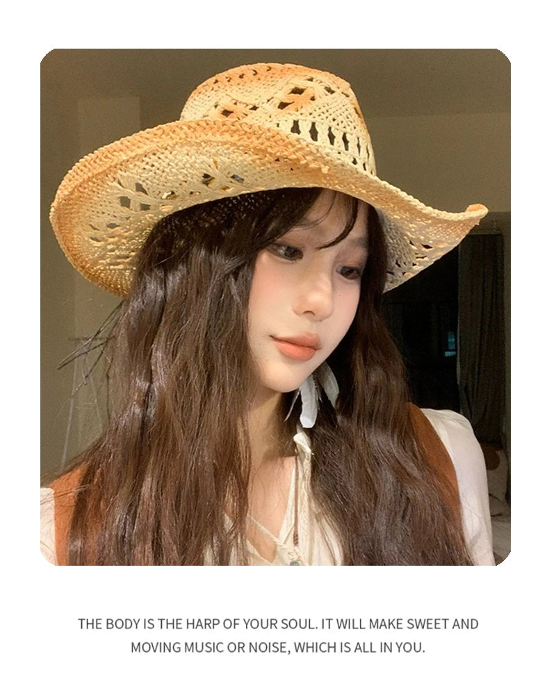 New Unisex Exotic Style Retro Bandhnu Travel Cowboy Hats Outdoor Beading Beach Sunshade Niche Straw Caps Versatile Hollow Out