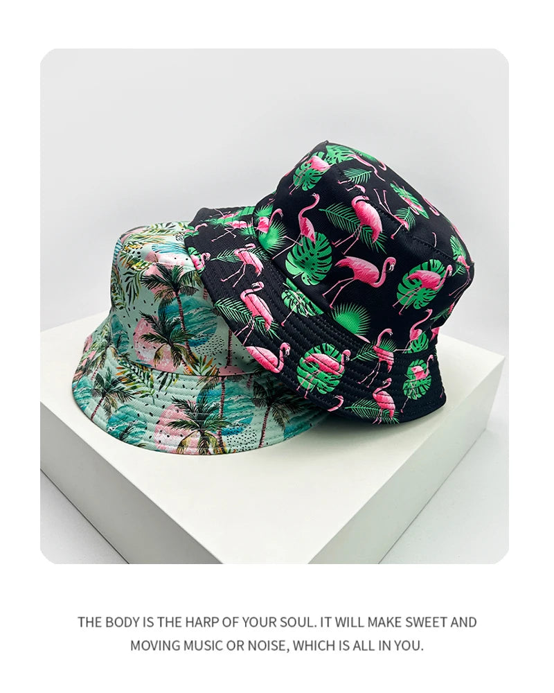 New Unisex Print Coconut Tree Flamingo Bucket Hats Sunshade Casual Versatile Travel Double Sided Wearable Fisherman Caps Fashion