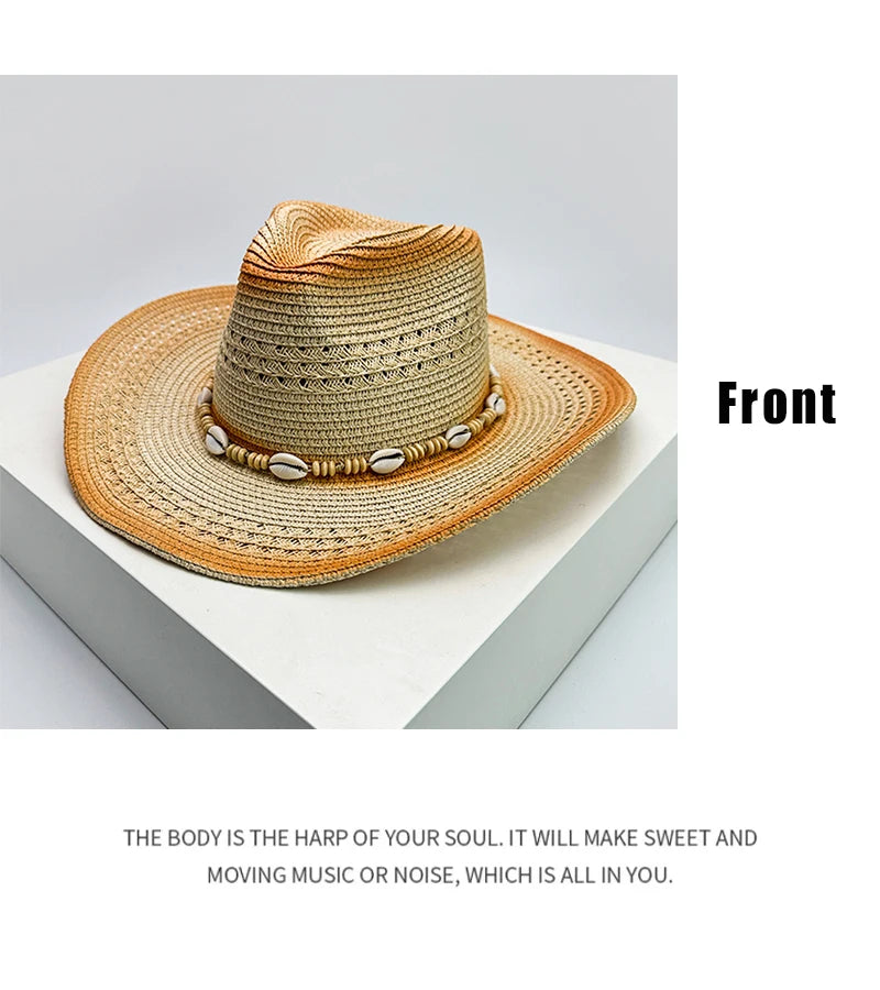 New Unisex Gradient Retro Cowboy Hats Jazz Hollow Out Outdoor Travel Shell Beach Sunshade Straw Wove Caps Versatile Foldable ins