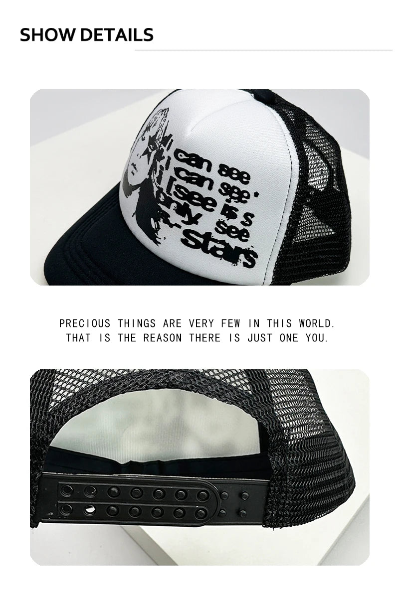 New American Style Men Women Cruise Printed Anime Letter Half Mesh Caps Sunshade Breathable Baseball Hats Versatile Fashion Cute