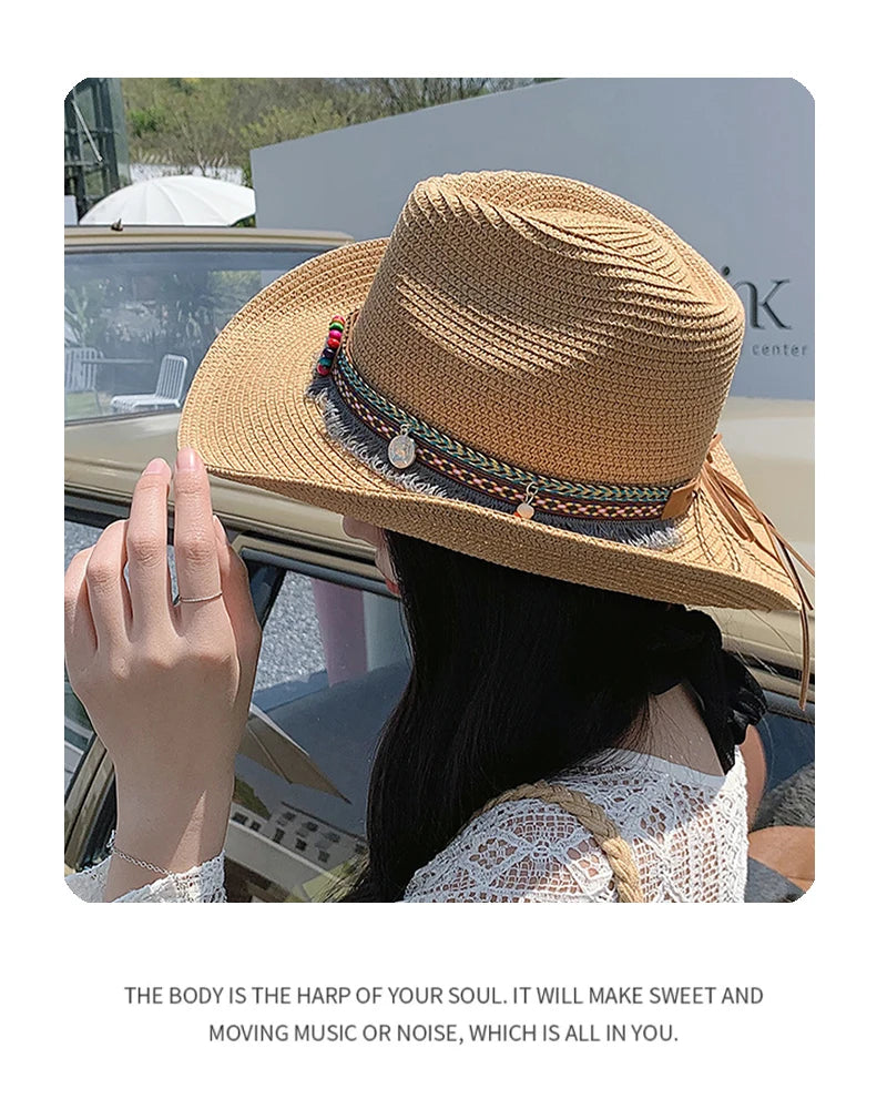 New Unisex Bohemian Style Beach Cowboy Hats Travel Personal Sunshade Distress Outdoor Ethnic Style Straw Caps Versatile Foldable