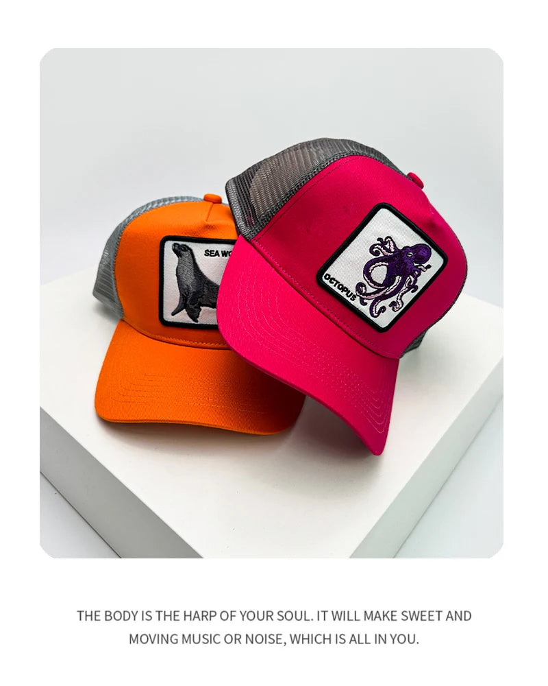 New Men Women Color Block Embroidery Cartoon Marine Animals Baseball Hats Personal Breathable Trucker Cap Mesh Hip Hop Versatile