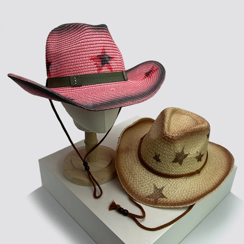 New Women Star Millennium Spicy Cowboy Hats Gradient Outdoor Breathable Sunshade Travel Straw Caps Versatile American Vintage