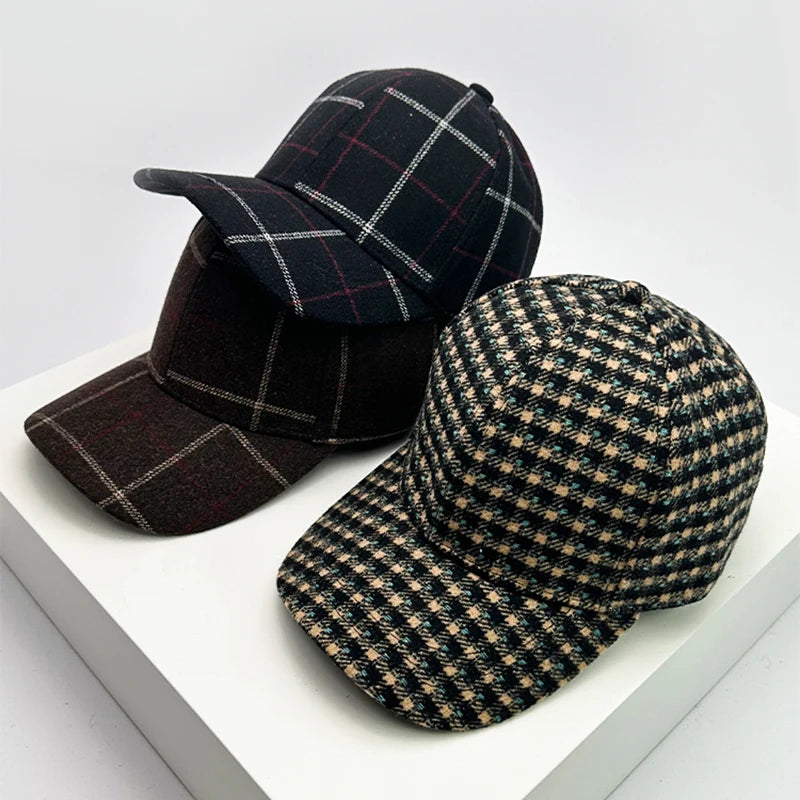 Autumn and Winter New Men Women Versatile Color Block Woolen Cloth Baseball Caps Cotton Fashion Casual  British Style Check Warm