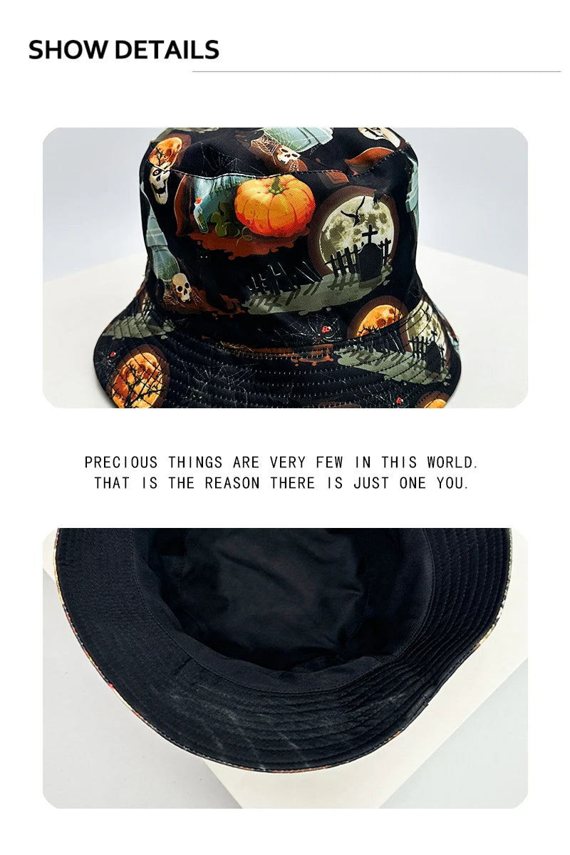 New Unisex Print Halloween Elements Skull Bucket Hats funny Sunshade Fashion Double Sided Wearable Fisherman Caps Versatile ins