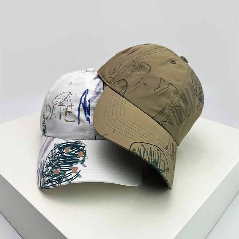 New Unisex Quick Drying Graffiti Personal Baseball Hats Breathable Outdoor Sunshade Retro Peaked Caps Versatile Fashion Street