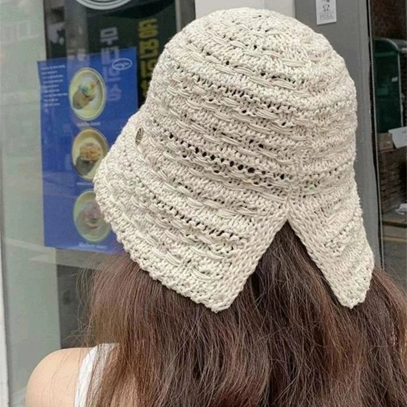 New Women Korean Braid Vent Letter Bucket Hats Hollow Out Sunshade Versatile Casual Breathable Fisherman Caps Fashion Outdoor