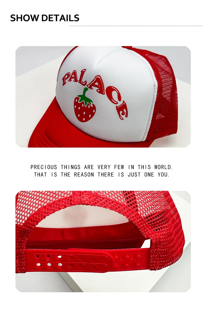 New Men Women Pattern Strawberry Letter Half Mesh Caps Sunshade Breathable Baseball Hats Versatile Fashion Hip Hop Street ins