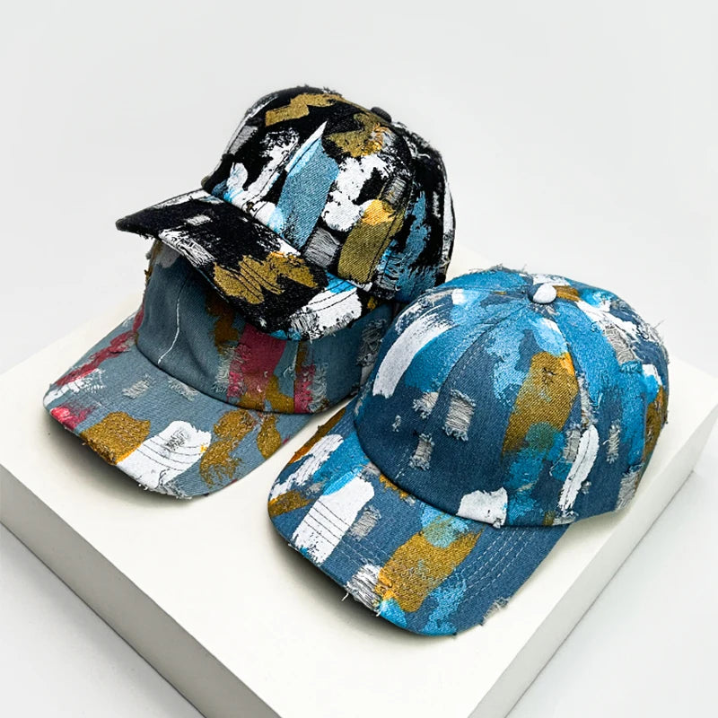 New Unisex Graffiti Color Block Baseball Hats Breathable Distress Sunshade Broken Style Peaked Caps Versatile Fashion Street ins