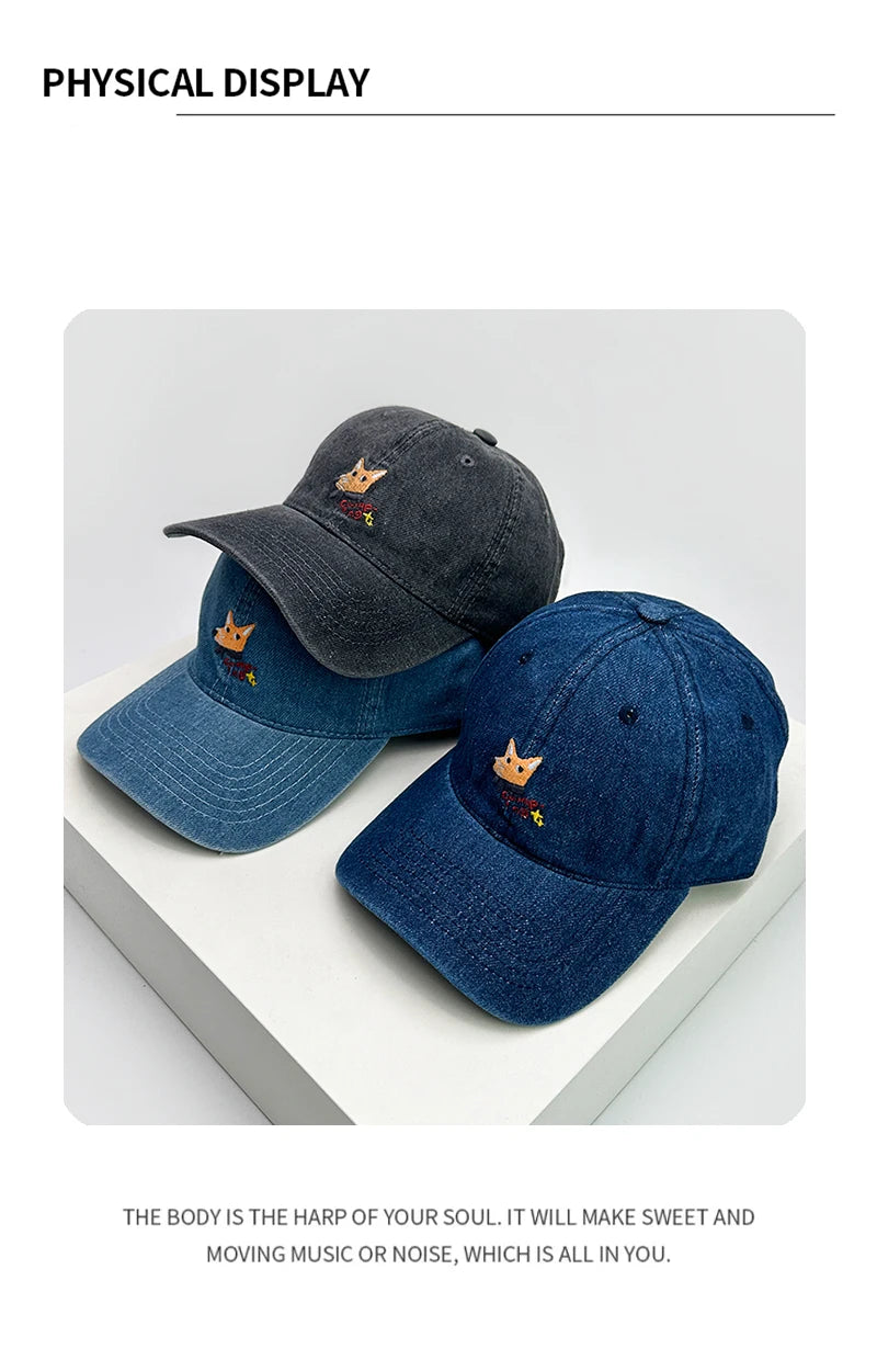 New Men Woman Denim Fun Cartoon Fox Embroidery Baseball Hats Sunshade Breathable Cute Snapback Caps Versatile Fashion Retro ins