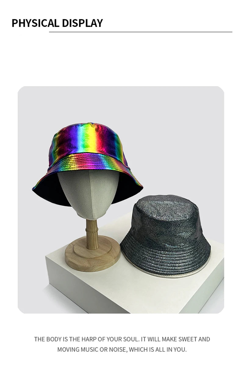 New Unisex PU Leather Colorful Reflective Bucket Hats Double Sided Sunshade Breathable Fisherman Caps Versatile Fashion Personal