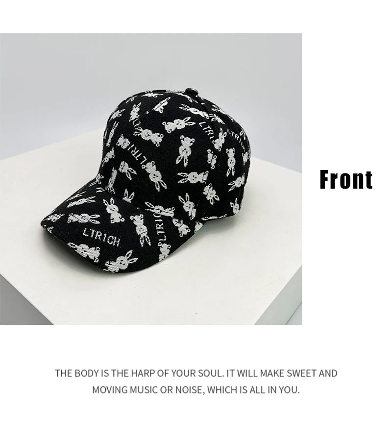 New Unisex Cute Rabbit Print Letter Baseball Hats Breathable British Retro Sunshade Outdoor Peaked Caps Versatile Fashion Casual