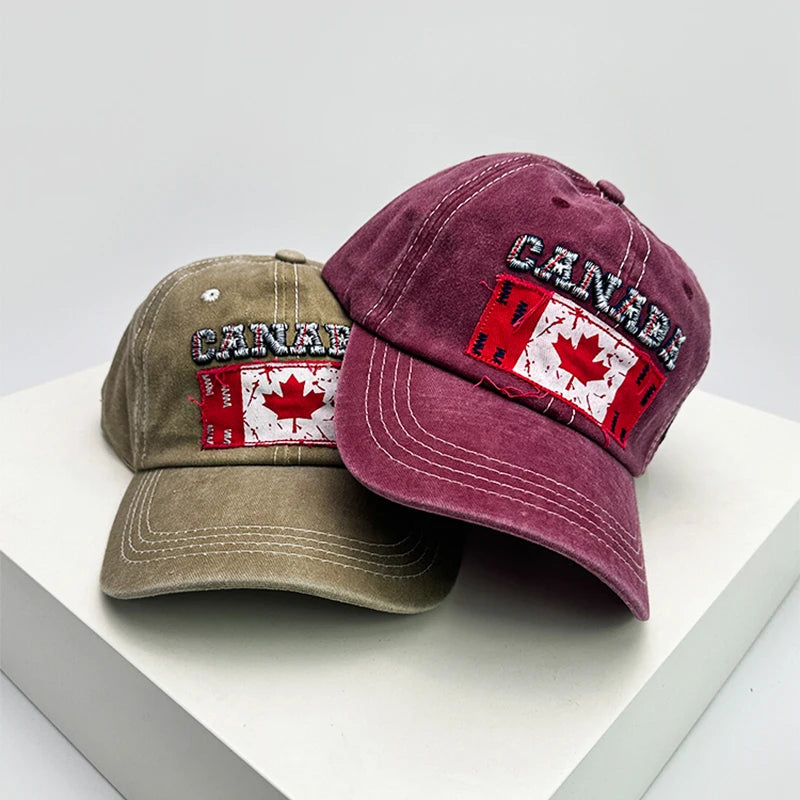 New Unisex Canadian Flag Letter Embroidery Baseball Hats Breathable Retro Sunshade Distress Peaked Caps Versatile Fashion Casual