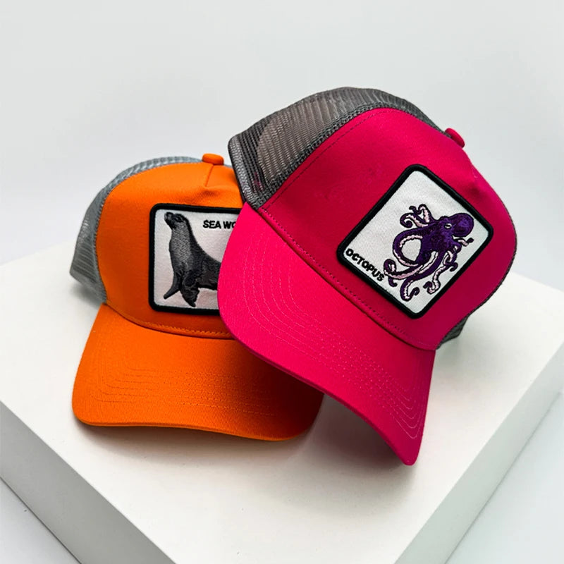 New Men Women Color Block Embroidery Cartoon Marine Animals Baseball Hats Personal Breathable Trucker Cap Mesh Hip Hop Versatile