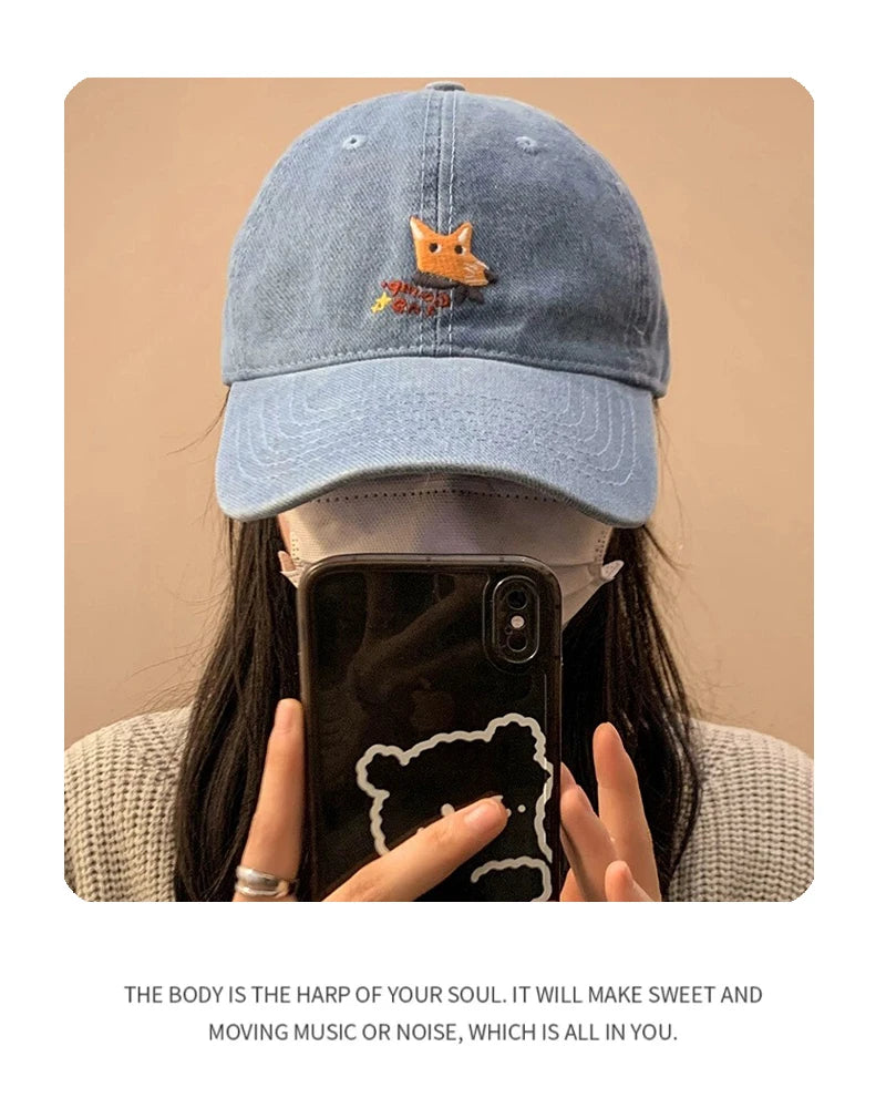 New Men Woman Denim Fun Cartoon Fox Embroidery Baseball Hats Sunshade Breathable Cute Snapback Caps Versatile Fashion Retro ins