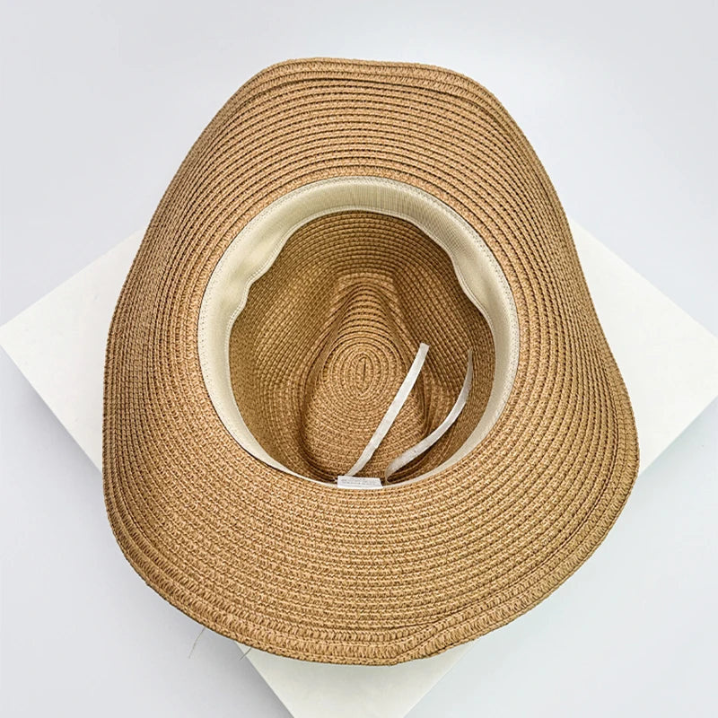 New Unisex Wide Eave Jazz Cowboy Hats Travel Sunshade British Style Versatile Casual Outdoor Straw Wove Cap Climb Foldable Beach