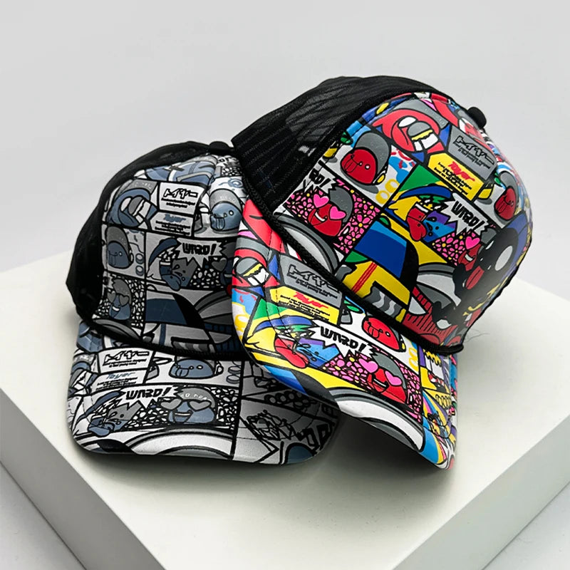 New Fashion Men Women Printed Cartoon Baseball Caps Breathable Sunshade Versatile Korean Hip Hop Half Mesh Hats ins Trend Street