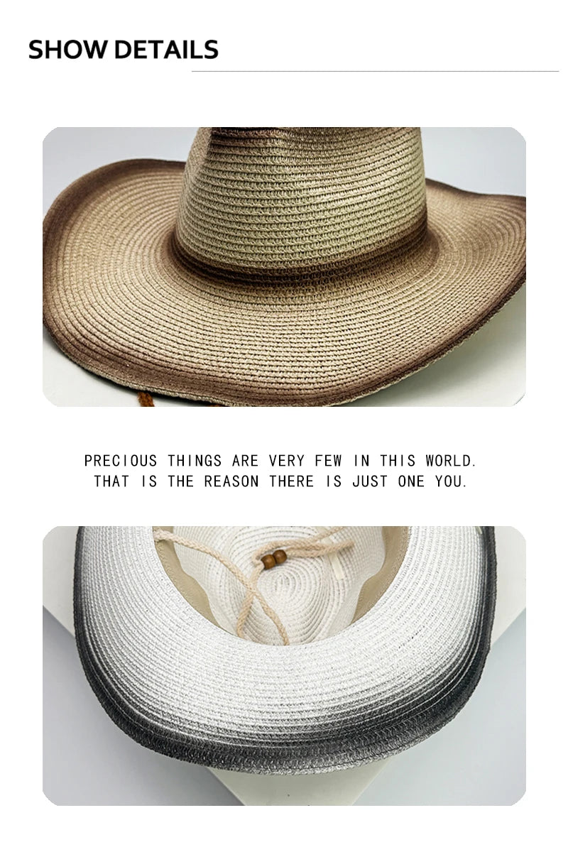 New Unisex Jazz Gradient Beach Cowboy Hats Windproof Rope Outdoor Climb Sunshade Travel Foldable Straw Caps Versatile Bandhnu