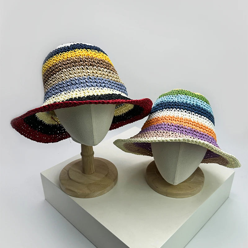 New Women Contrasting Colors Striped Bucket Hats Outdoor Sunshade Travel Breathable Casual Versatile Straw Caps Fashion Braided