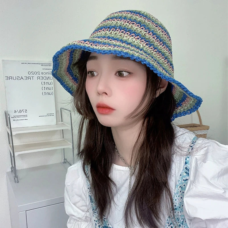 New Women Bohemian Striped Bucket Hats Sunshade Outdoor Breathable Travel Versatile Beach Straw Caps Fashion Personal Niche ins