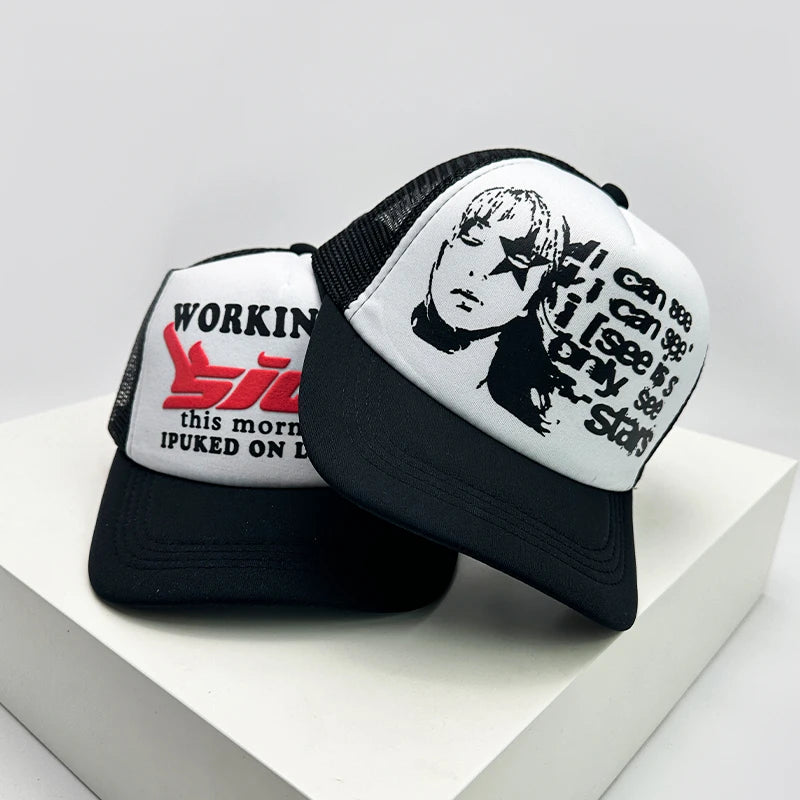 New American Style Men Women Cruise Printed Anime Letter Half Mesh Caps Sunshade Breathable Baseball Hats Versatile Fashion Cute