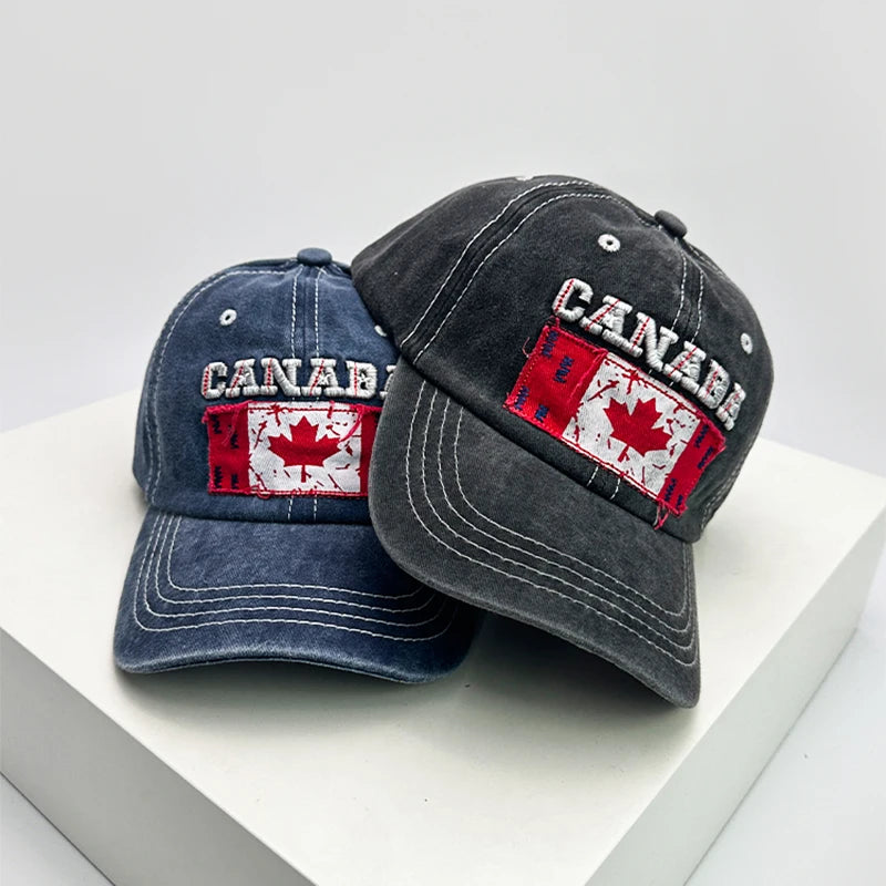 New Unisex Canadian Flag Letter Embroidery Baseball Hats Breathable Retro Sunshade Distress Peaked Caps Versatile Fashion Casual