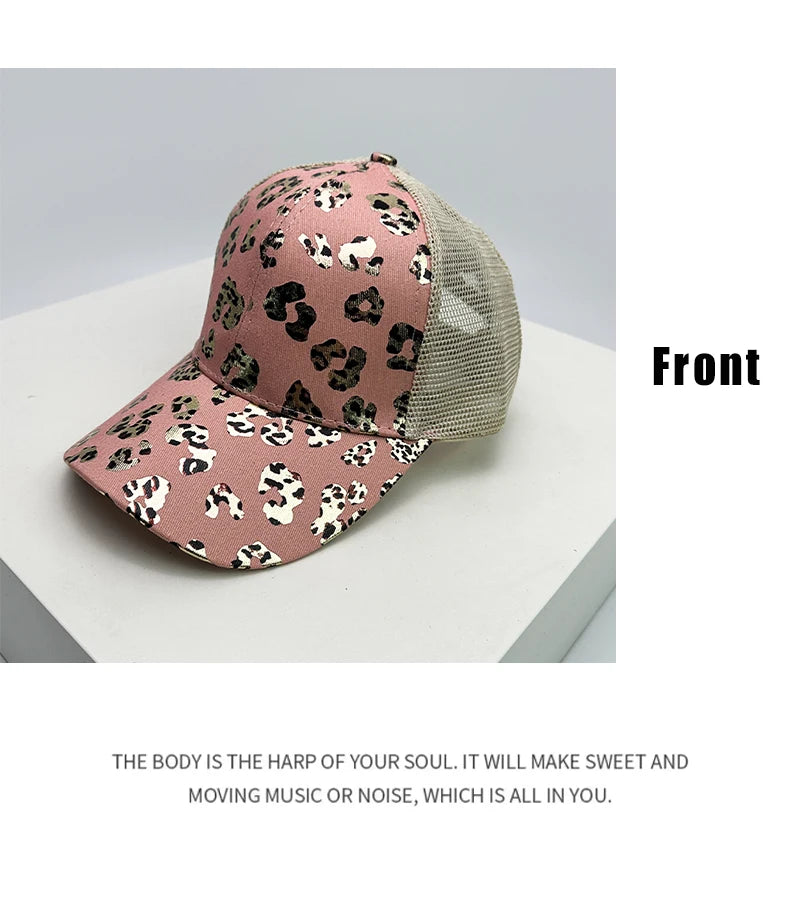 New Women Bronzing Leopard Print Criss Cross Tail Baseball Hats Mesh Breathable Sunshade Versatile Trucker caps Fashion Washed