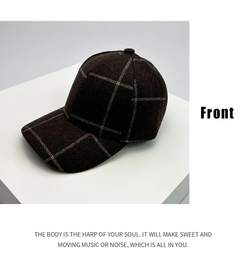 Autumn and Winter New Men Women Versatile Color Block Woolen Cloth Baseball Caps Cotton Fashion Casual  British Style Check Warm