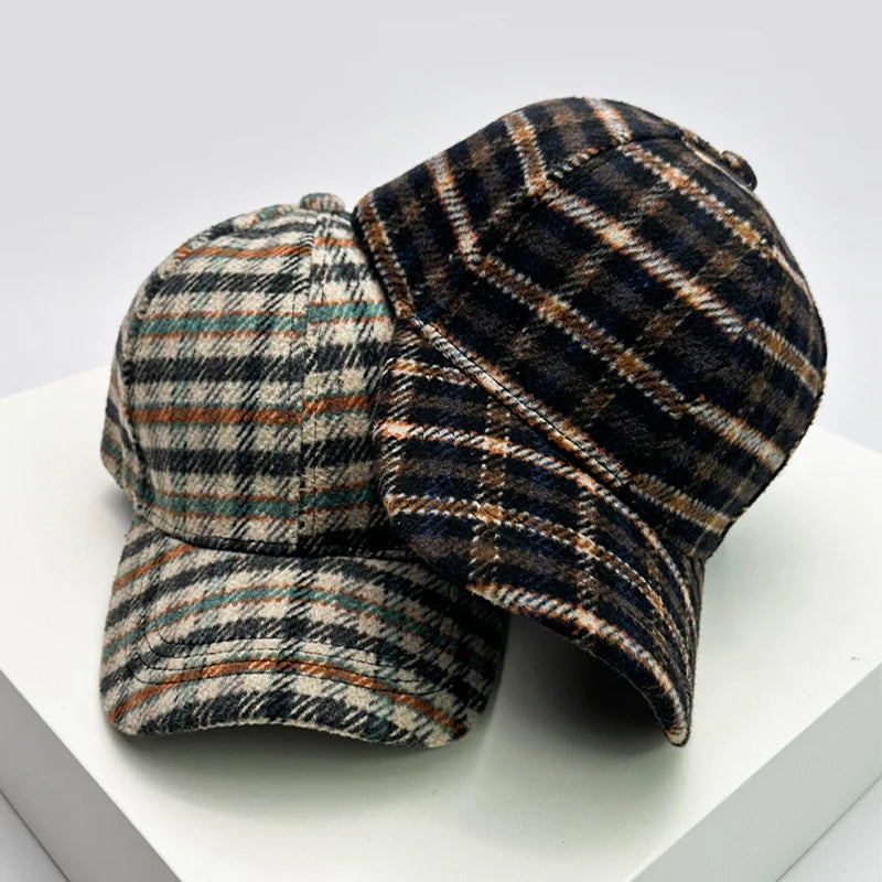 Autumn and Winter New Men Women Warm Woolen Cloth Stripe Check Baseball Caps Versatile Fashion British Style Retro Houndstooth