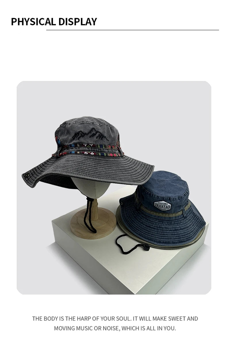 New Unisex Ethnic Style Retro Bucket Hats Casual Sunshade Outdoor Hollow Out Breathable Versatile Alpine Caps Fashion Drawstring