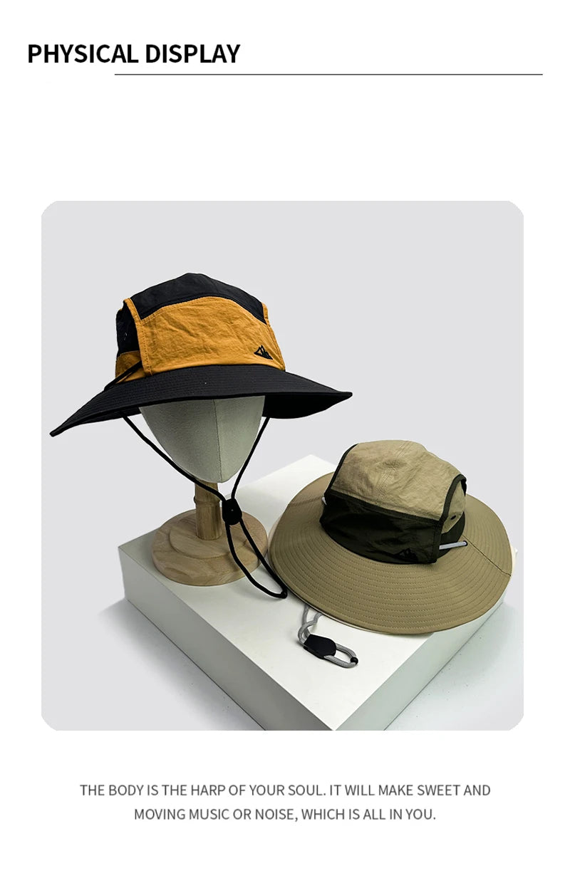 New Unisex Quick Drying Retro Bucket Hats Color Block Sunshade Outdoor Breathable Drawstring Casual Alpine Cap Versatile Fashion