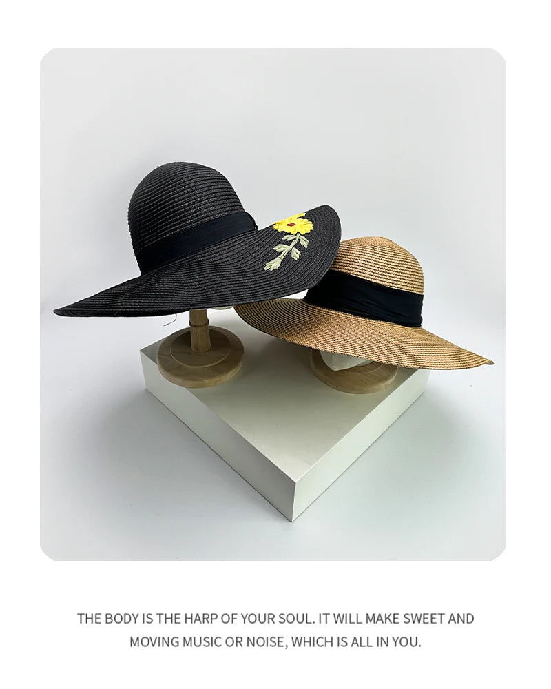 New Women Chrysanthemum Bow Cowboy Hats Beach Outdoor Jazz Sunshade Foldable Travel Straw Caps Versatile Color Block Elegant ins