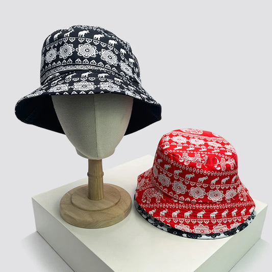 New Unisex Print Elephant Flower Bucket Hats Casual Sunshade Versatile Ethnic Style Double Sided Wearable Fisherman Caps Fashion