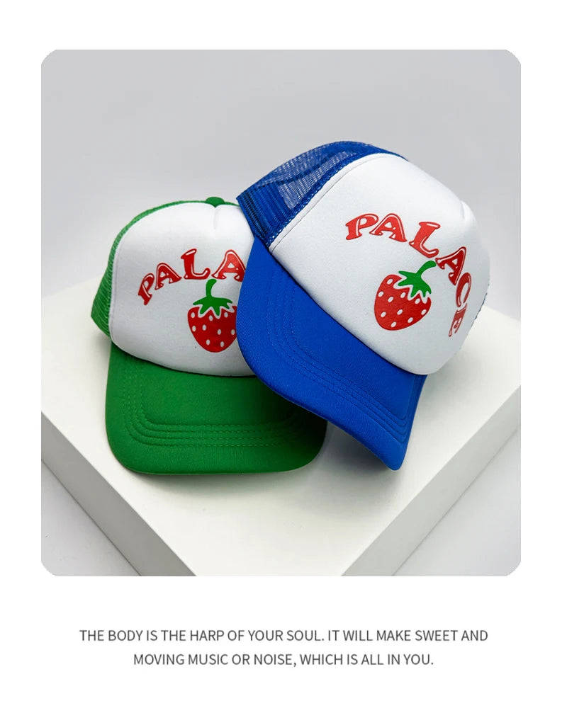 New Men Women Pattern Strawberry Letter Half Mesh Caps Sunshade Breathable Baseball Hats Versatile Fashion Hip Hop Street ins