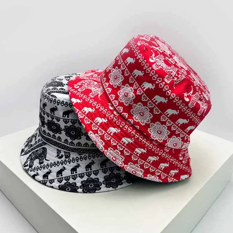 New Unisex Print Elephant Flower Bucket Hats Casual Sunshade Versatile Ethnic Style Double Sided Wearable Fisherman Caps Fashion