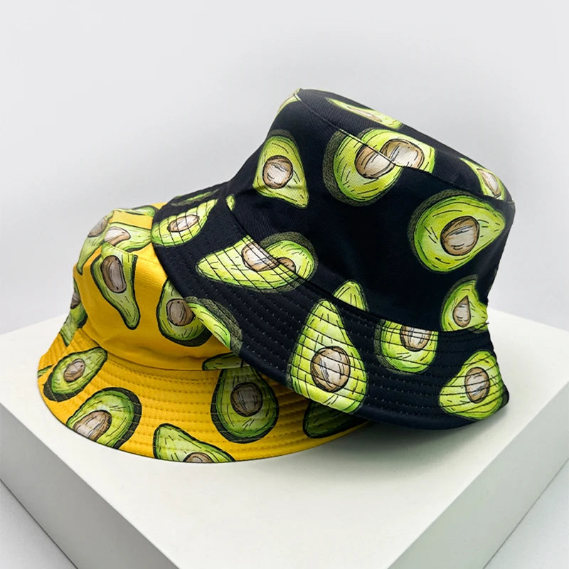 New Unisex Fruits Vegetables Print Bucket Hats Sunshade Versatile European American Fashion Double Sided Wearable Fisherman Caps