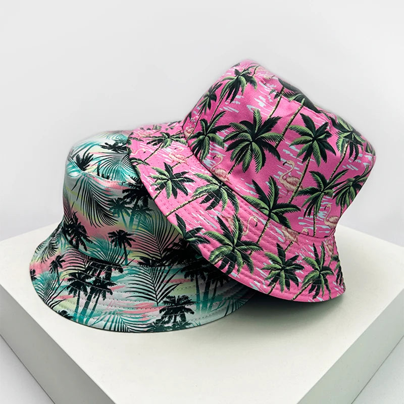 New Unisex Print Coconut Tree Flamingo Bucket Hats Sunshade Casual Versatile Travel Double Sided Wearable Fisherman Caps Fashion