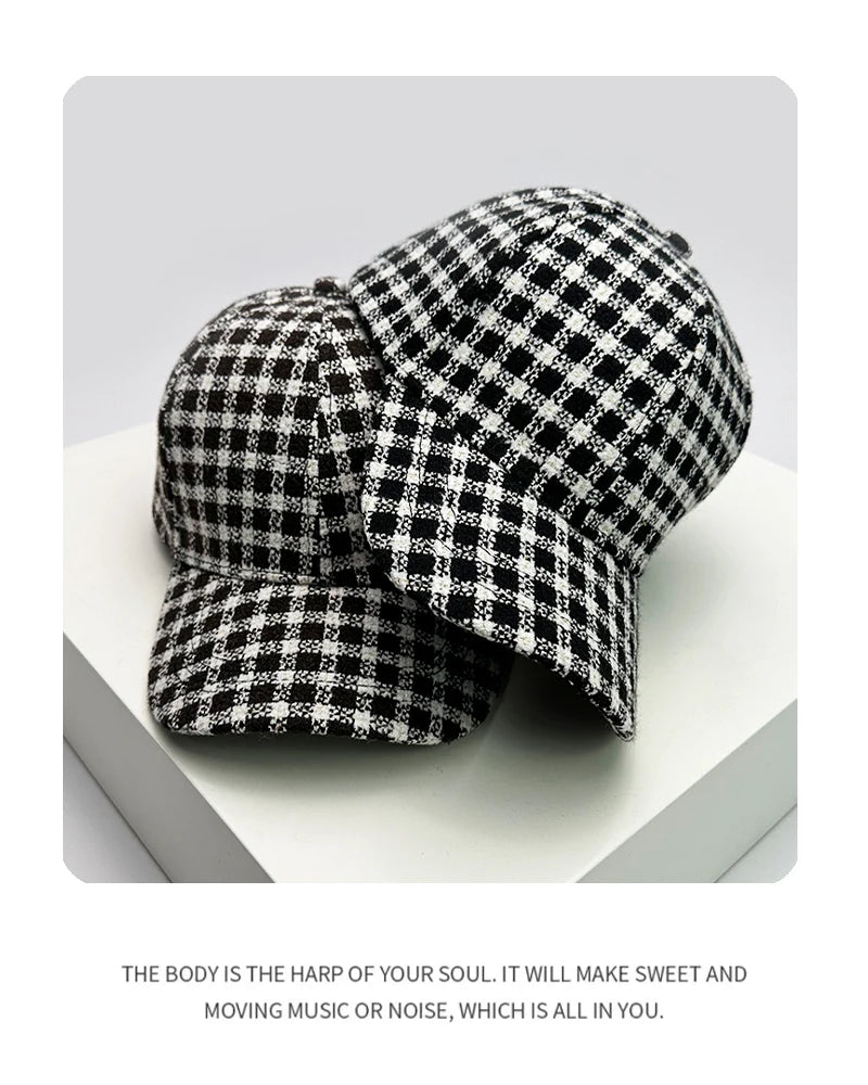 Autumn and Winter New Men Women Warm Woolen Cloth Stripe Check Baseball Caps Versatile Fashion British Style Retro Houndstooth