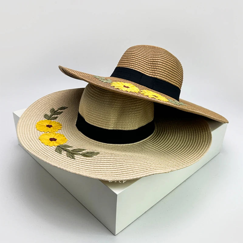 New Women Chrysanthemum Bow Cowboy Hats Beach Outdoor Jazz Sunshade Foldable Travel Straw Caps Versatile Color Block Elegant ins